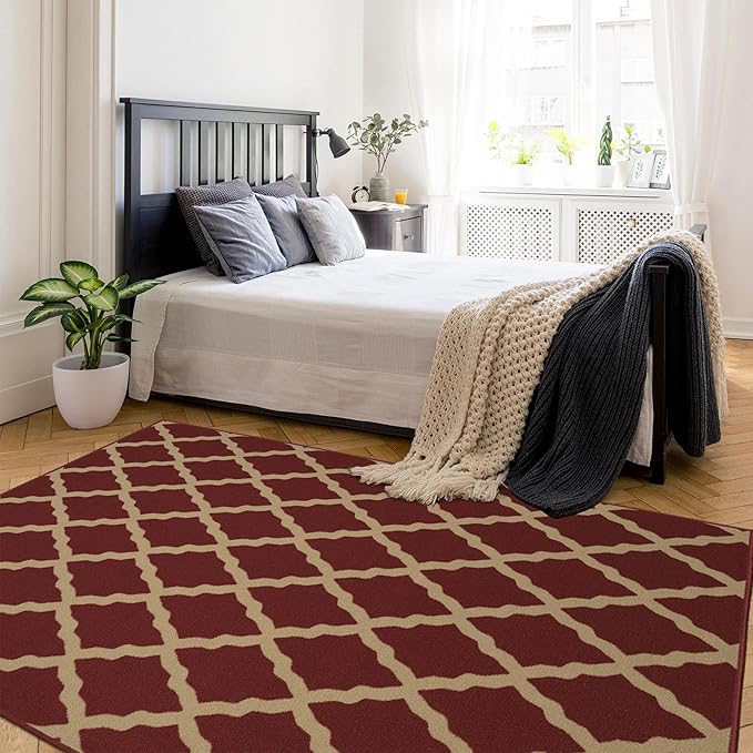 Machine Washable Trellis Design Non-Slip Rubberback 5x7 Traditional Area Rug for Living Room, Bedroom, Kitchen, Dining Room, 5' x 6'6", Red
