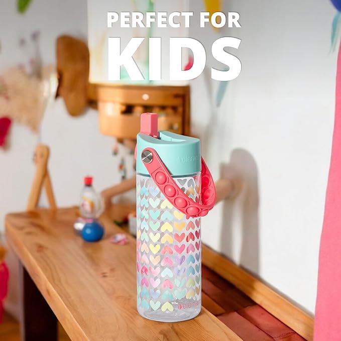 Elemental Leak Proof Water Bottles for Kids - Splash Kids Water Bottle for School with Fun Fidget Pop-it Handle - BPA Free Tritan Plastic Reusable Water Bottle with Straw - Rainbow Heart - 18oz