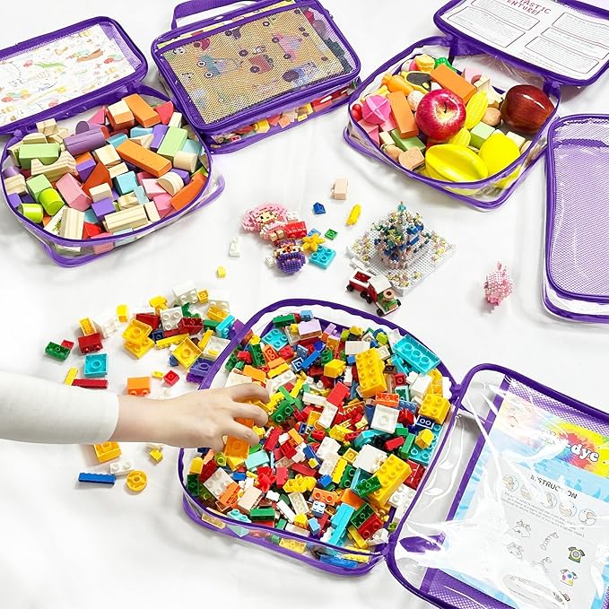 4 Packs PVC Toy Zippered Blocks, Travel Storage Case Bags for Organizing, Waterproof Toy Storage Bags with Mesh Pockets for Building Blocks, Puzzles, Clays,Toy Cars 13.3"Lx3" Wx10.4" H (Purple).