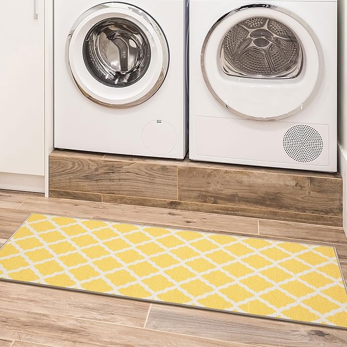 Machine Washable Moroccan Trellis Design Non-Slip Rubberback 2x5 Traditional Indoor Runner Rug for Hallway, Kitchen, Bedroom, Entryway, 20" x 59", Yellow