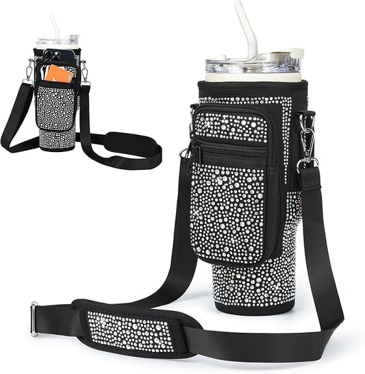 Bling Diamond Water Bottle Carrier Bag with Phone Pocket for Stanley 40/30 oz Tumbler with Card Holder,Neoprene Water Bottle Holder Pouch with Adjustable Strap for Stanley Cup Accessories