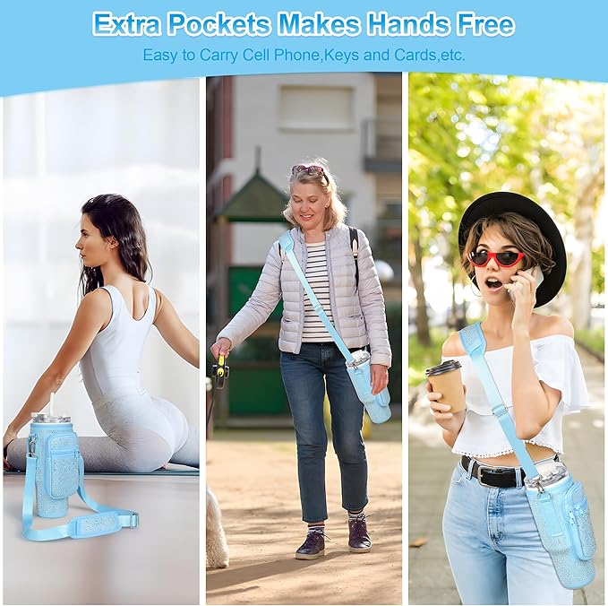Bling Diamond Water Bottle Carrier Bag with Phone Pocket for Stanley 40/30 oz Tumbler with Card Holder,Neoprene Water Bottle Holder Pouch with Adjustable Strap for Stanley Cup Accessories