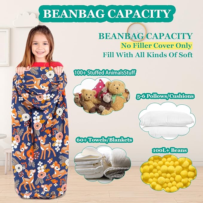 Stuffed Animal Bean Bag Storage Chair for Kids Cover Only (No Filler), Organize, Sit, Play & Boxing, 100% Cotton Canvas Washable, Ultra Soft Cylinder Long Vertical Zipper Best Gift for Child