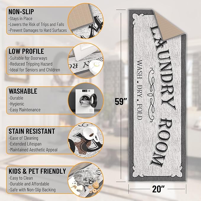 Ottomanson Laundry Collection Non-Slip Rubberback Laundry Text Design 2x5 Laundry Room Runner Rug, 20" x 59", Light Gray