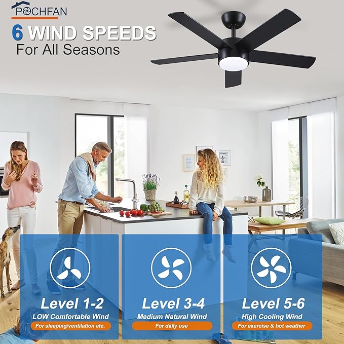 42 inch Black Ceiling Fan with Light Remote Control, LED Ceiling Fans with Lights, 3-Colors Dimmable, Reversible, Modern Ceiling Fan for Bedroom, Dining Room, Living Room