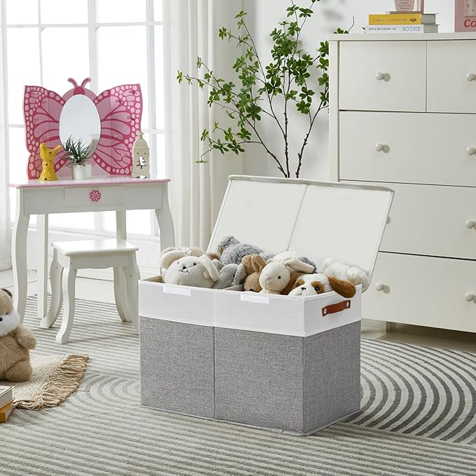 Large Toy Storage Box with Lids, Collapsible Sturdy Baby Storage Organizer Chest Bin Basket for Kids, Boys, Girls, Playroom, Nursery, Bedroom, Closet 25"x13"x16" (Gray and White)