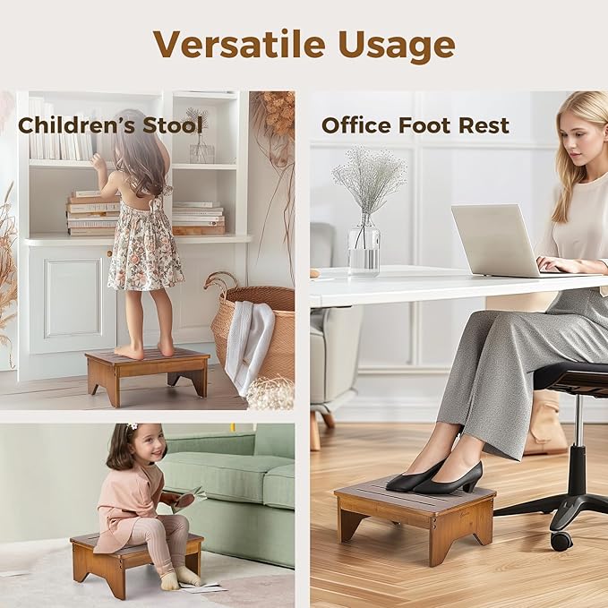 StrongTek Bamboo Step Stool for Adults, Bedside Step for High Beds, 300 Lbs Capacity, Non-Slip Bed Foot Stool with Rounded Edges, Small One Step Stool for Bathroom, Bedroom, Garden, Kitchen (Walnut)