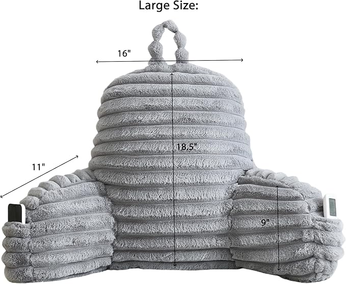 Faux Fur Fluffy Gray Reading Pillow with Pockets, Luxury Striped Plush Decorative, Arm Rests and Back Surport for Bed Rest, Lounging on Sofa, Large