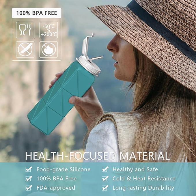 Collapsible Water Bottles, Silicone Foldable Portable Water Bottle 610ml, Lightweight Reusable Leakproof for Travel Camping Hiking Cycling Yoga Sports Outdoor