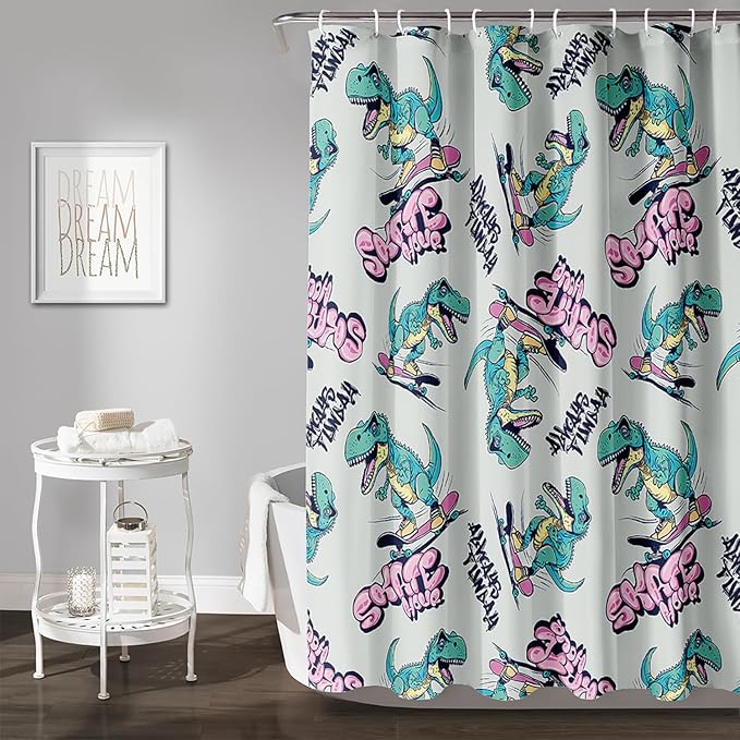 AILONEN Cute Dinosaur Kids Shower Curtain,Sport Cool Dinosaur Bath Curtain Gifts for Boys Teens,Skate Dinosaur Polyester Waterproof for Bathroom with 12 Plastic Hooks 72" W*78" H