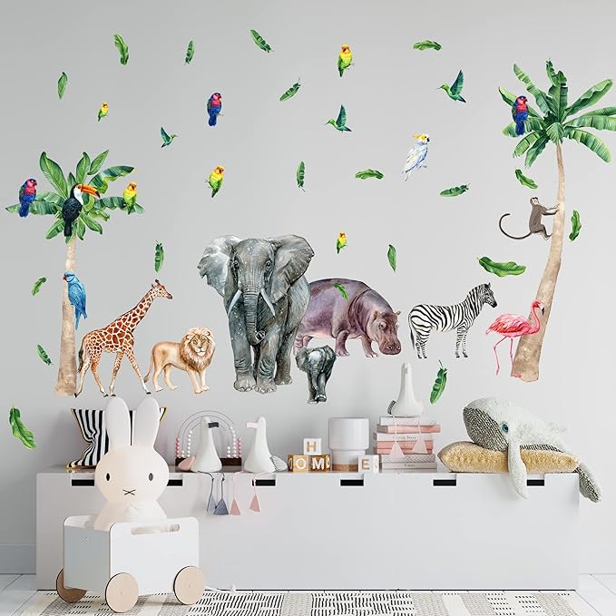 Large Safari Animal Wall Decals for Kids by Lipastick - 70 pcs Jungle Animal Wall Stickers - Creative Wall Decal for Children's Room Bedroom Nursery - Giraffe Elephant Hippo Palm Tree Parrot M Size
