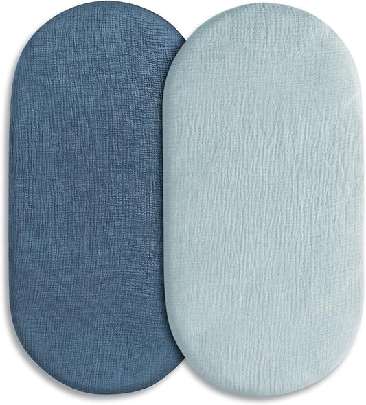 Muslin Bassinet Fitted Sheets, 2 Pack for Baby Boy and Girl, Soft Breathable Baby Pad/Mattress Sheet, Fit for Hourglass Oval and Rectangle Bassinet Mattress (Bright Colors, Bassinet Sheets 2 Pack)