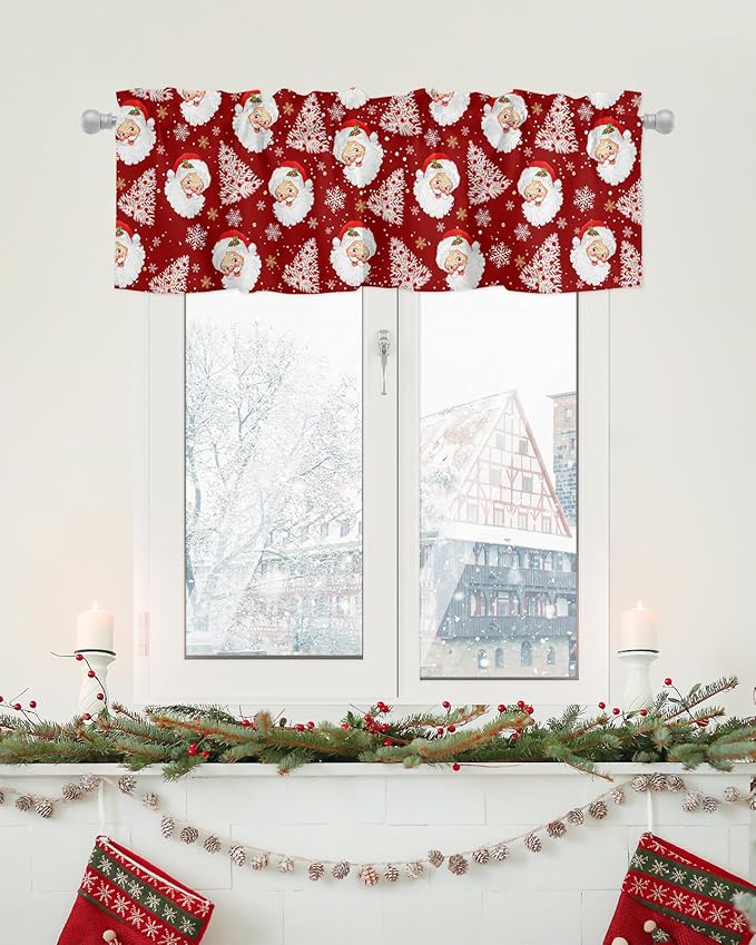 Red Christmas Valance Curtains for Kitchen Windows Santa Claus Merry Christmas Tree Rod Pocket Window Treatment Toppers for Kitchen/Living Room/Bedroom/Bathroom, 42" X 18", Winter Snowflake