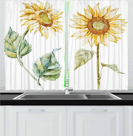 Ambesonne Watercolor Kitchen Curtains, Alluring Sunflowers Summer Inspired Design Agriculture, Window Drapes 2 Panel Set for Kitchen Cafe Decor, 55" x 36", Yellow Green