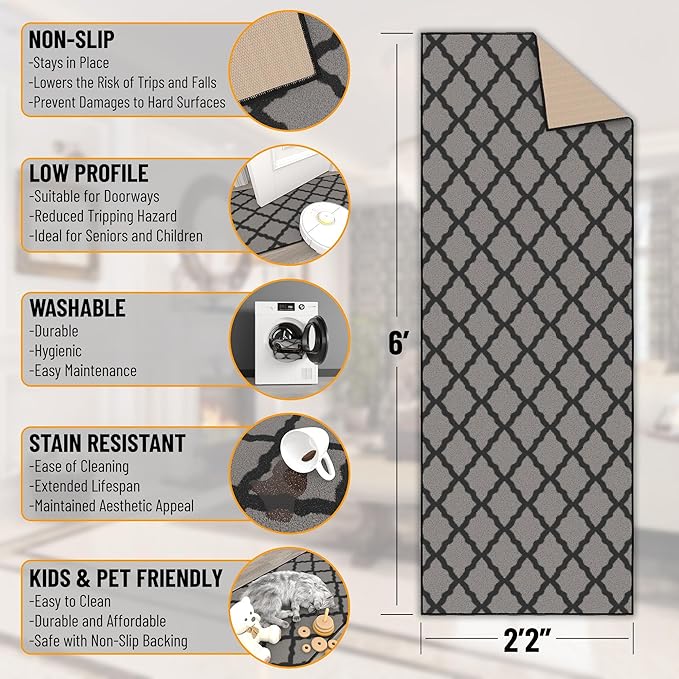 Machine Washable Moroccan Trellis Design Non-Slip Rubberback 2x6 Traditional Indoor Runner Rug for Hallway, Kitchen, Bedroom, 2'2" x 6', Dark Gray