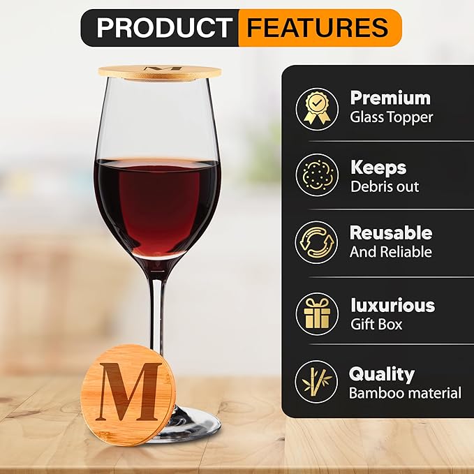 Personalized Wine Glass Charcuterie Topper - Custom Laser Engraved Initial Bamboo Wine Glass Topper Stopper Coasters Plate ID Identification Wine Glass Charcuterie Board Topper (Letter M)