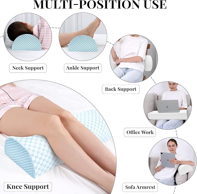 Large Knee Pillow for Side Sleepers Memory Foam Leg Pillows for Sleeping Yoga Bed Half Moon Bolster Pillow for Neck Pain Relief with Pillowcase 23.6"x8.7"x5"(Cooling Blue, Extended Size)