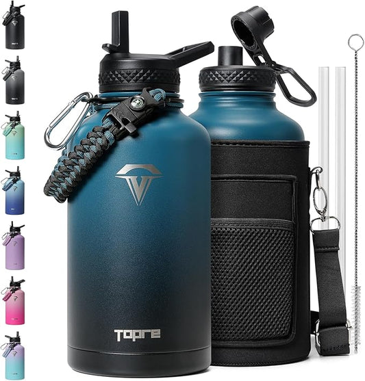 64 oz Insulated Water Bottle,Half Gallon Water Flask Stainless Steel Vacuum, Cold for 48 Hrs,BPA-Free & Leakproof -with Paracord Handle, Strap,Straw Spout Lids,Large Jug for Gym,Indigo Black