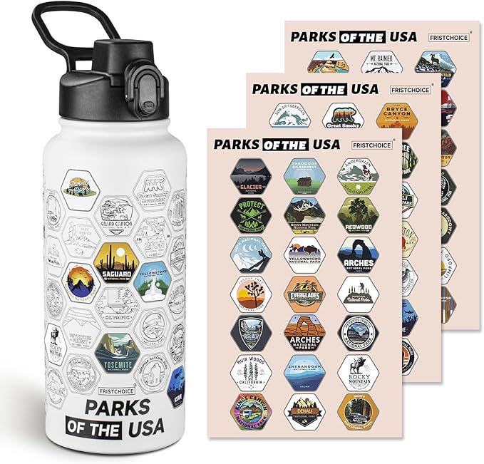 National Parks Water Bottle with Stickers and Straw,32oz Double Wall Vacuum Wide Mouth Insulated Water Bottle for Travel,BPA-free and Leak-proof (32oz,White)