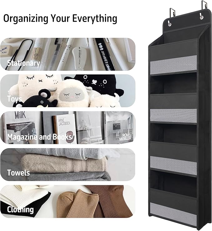 Heavy Duty Over Door Organizer, Hanging Organizer Storage with 4 Large Capacity Pockets, Closet Bathroom Nursery Bedroom Dorm, Toys Cosmetics Sundries and Baby Essentials, Black