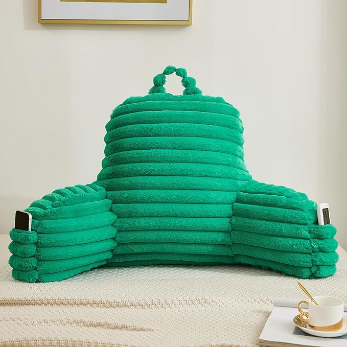 Faux Fur Fluffy Emerald Reading Pillow with Pockets, Luxury Striped Plush Decorative, Arm Rests and Back Surport for Bed Rest, Lounging on sofa, Standard
