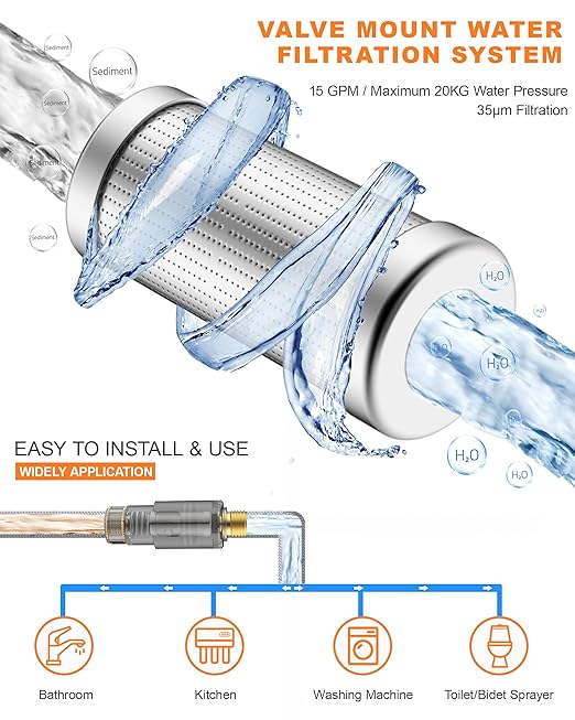 G3/8 (9/16") Sediment Water Filter with 12" Hoses - 35 Micron Reusable House Under Sink Inline Water Filter Conncet Angle Valve, Compression Fitting for Sink Faucet Bathroom Kitchen (2 Pack)