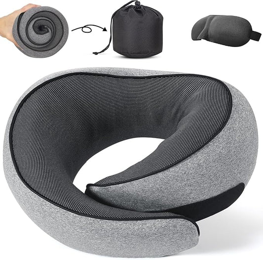 NOCRLG Travel Pillow, Travel Neck Pillow for Airplanes Car, 100% Pure Memory Foam Travel Pillow, Sleeping Essentials for Long Flight 360° Head Support Degree Comfort and Breathability Grey