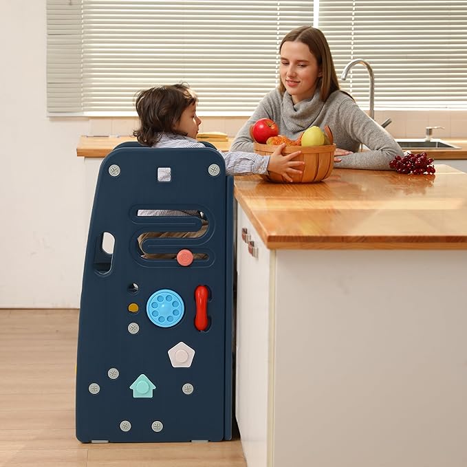 SDADI Multifunctional Toddler Tower with Double Safety Rails - Adjustable & Non-Slip for Kitchen and Bathroom Use - Montessori Step Stool for Kids, Dark Blue and Yellow