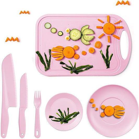 TJ POP Kids Knives for real cooking, Safe Knives Set 6 Pcs for Children, Kids' Baking Supplies with Cutting Board & Dishes, Toddler Knife Good Soft Grips, BPA-Free (Pink)