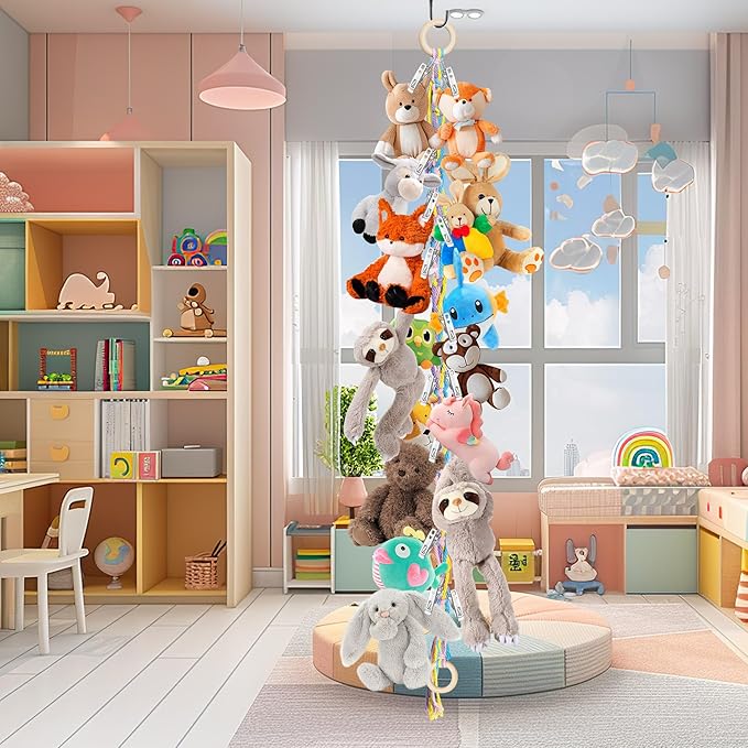Hanging Stuffed Animal Storage Hammock - 78 Inch Stuffed Animal Hammock Corner with 20 PCS Metal Clips, Boho Stuffed Animal Net with Wooden Ring Macrame Stuff Animal Organizer for Room Decor