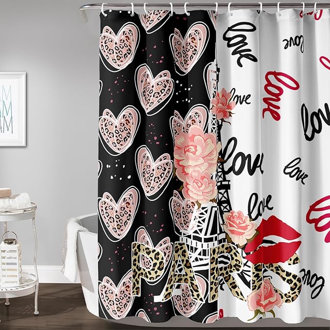 AILONEN Heart Love Shower Curtain for Bathroom, Black and White Eiffel Tower Print Bath Curtain,Pink Hearts Girls Women Shower Curtain Decoration Waterproof with 12 Plastic Hooks, 60" W*72" H