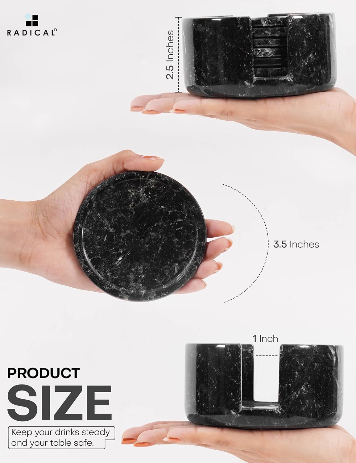 Marble Coasters Set of 6 Black 3.5 Inch Round Coaster for Drinks with Holder, Drink Coaster for Tabletop & Coffee Table Decor, Ideal Home Decor House Warming Gifts