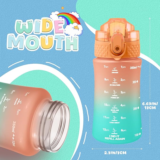 OLDLEY Kids Water Bottle for School, 12 oz (2 lids) BPA-Free Reusable Leak-proof Durable Tritan Plastic Water Bottles with Straw & Chug Lids, Anti-dust Spout Cover (Sunflower)