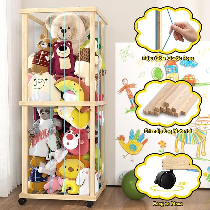 Stuffed Animal Zoo Storage Cage 55" Wood Large Stuffed Animal Storage Basket, Toy Storage for Big Small Stuffed Animals