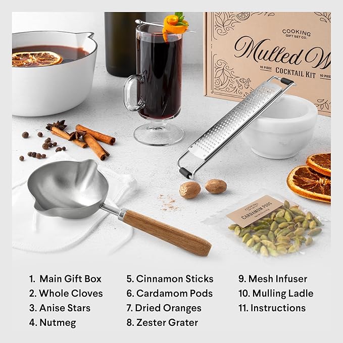 Cooking Gift Set Mulled Wine Kit | Stainless Steel Infuser for Wine & Spices, 10 Reusable Bags, Ladle | Wine Gifts for Women, Valentines Gift Ideas, Unique Hostess Gifts