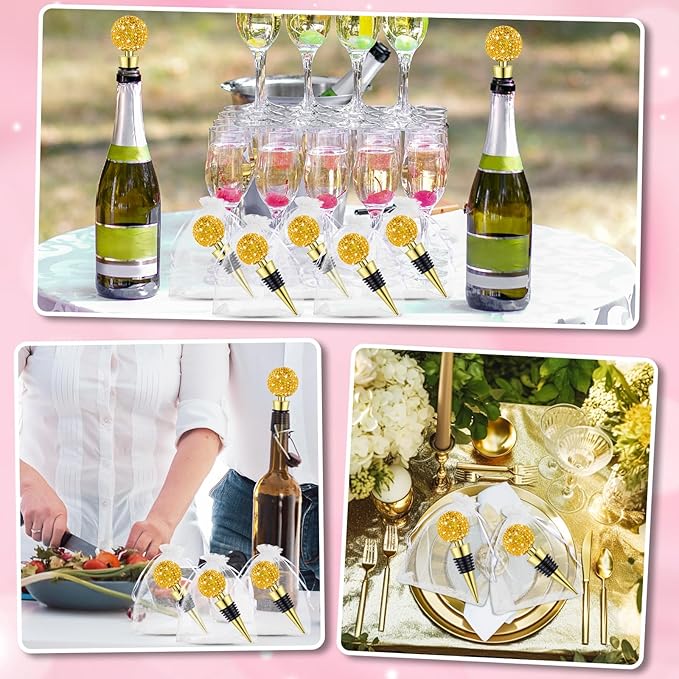 Crystal Wine Bottle Stopper Diamond Wine Stoppers Reusable Zinc Alloy Silicone Beverage Saver Corks Wine Decorative Bottle Stoppers with Sheer Bags for Wedding Bar Gifts(Gold,12 Set)