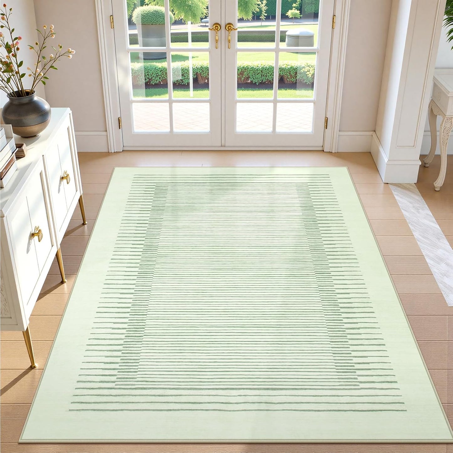 Wonnitar Washable Striped 5x7 Living Room Area Rug, Non-Slip Green Berber Stripe Rugs for Bedroom, Low Pile Soft Minimalist Floor Carpets for Kids Nursery Room Dining Room (Green,5' x 7')