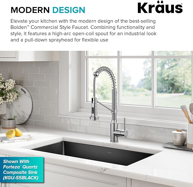 Kraus KPF-1610SSCH Bolden 18-Inch Commercial Kitchen Faucet with Dual Function Pull-Down Sprayhead in All-Brite Finish, Stainless Steel/Chrome