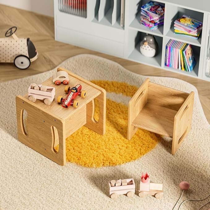 Montessori Weaning Table and Chair Set, Real Hardwood Toddler Table and Chairs Set, for Toddler Reading, Activity, Playing, Snack Time, Step Stool, 1-3 Year Old Kids Montessori Furniture