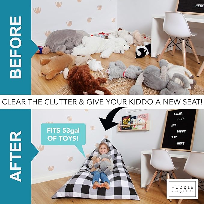 Stuffed Animal Bean Bag Storage - Machine Washable Bean Bag Chair for Kids - Extra Large Cover for Stuffing with Plush Toys, Pillows, Soft Items - Stuffed Animal Holder for Boys & Girls - Gingham