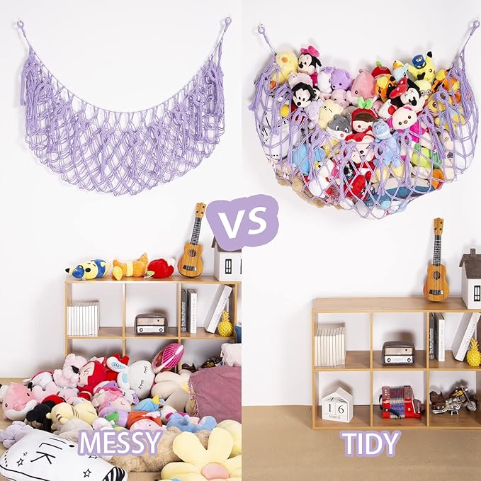 Stuffed Animal Net or Hammock Wall Hanging Net for Stuffed Animal Storage Macrame Toy Display Plush Toy Holder Soft Toy organizer for Nurery Baby Bedroom Playroom-Purple