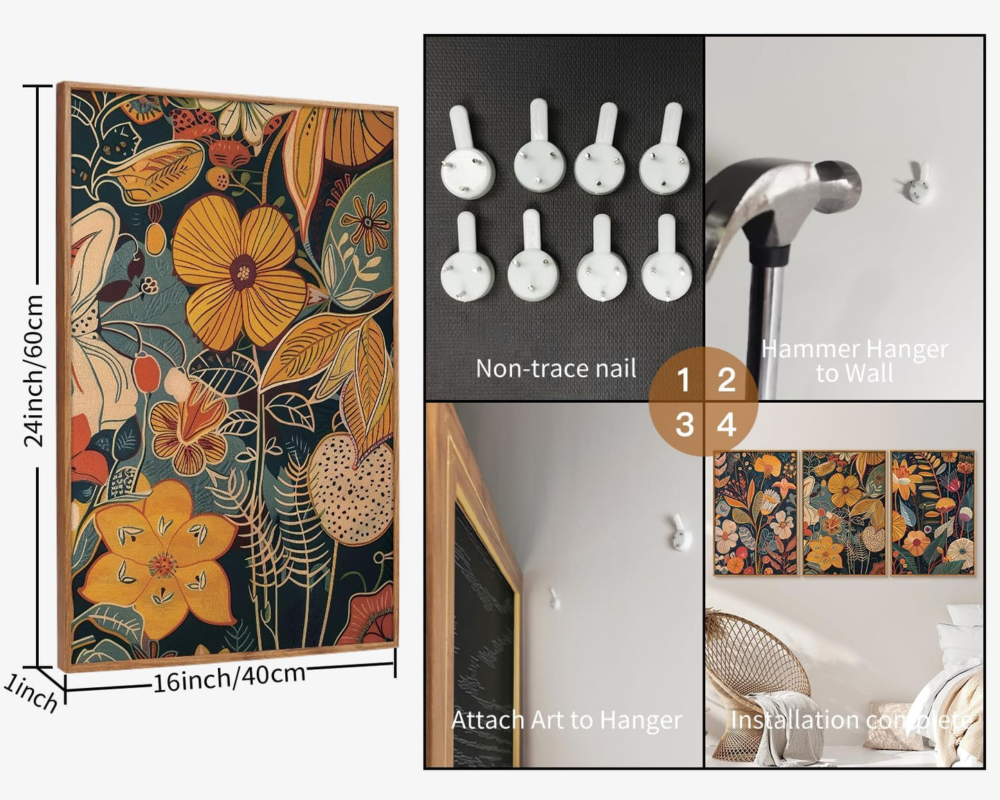 SIGNINART Boho Botanical Framed Canvas Wall Art Set of 3, Mid Century Modern Wall Decor, Burnt Orange Floral Artwork, Neutral Flower Plant Art Prints for Bedroom Living Room Office 24"x36"x3