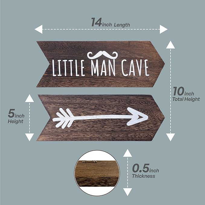Nursery Wall Decor - 2 Pcs Little Man Cave Sign, Baby Boy Woodland Nursery Decor for Kids Toddler Bedroom Playroom Sign Decoration, Wooden Arrow Wall Art Brown (14 inch)