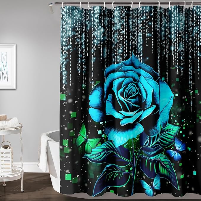 AILONEN Blue Rose Shower Curtain for Bathroom, Glitter Starry Flower Print Bath Curtain,Blue and Black Waterproof Floral Butterfly Shower Curtain Decoration with 12 Plastic Hooks, 72" W*84" H