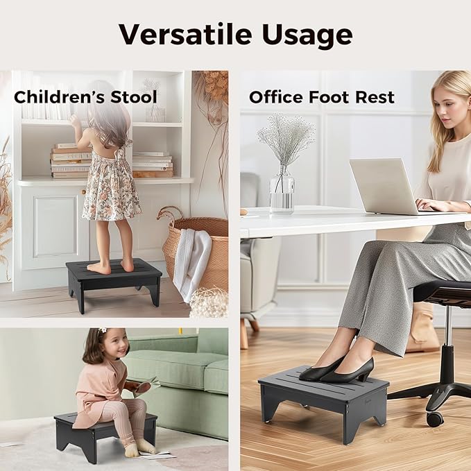 StrongTek Bamboo Step Stool for Adults, Bedside Step for High Beds, 300 Lbs Capacity, Non-Slip Bed Foot Stool with Rounded Edges, Small One Step Stool for Bathroom, Bedroom, Garden, Kitchen (Black)