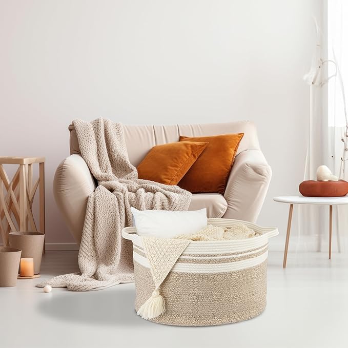 Large Cotton Rope Basket Blankets Basket Living Room 22"x14" Toy Basket for Kids Rope Storage Basket for Nursery Woven Laundry Basket for Clothes Towels Baby Toy Storage round white brown