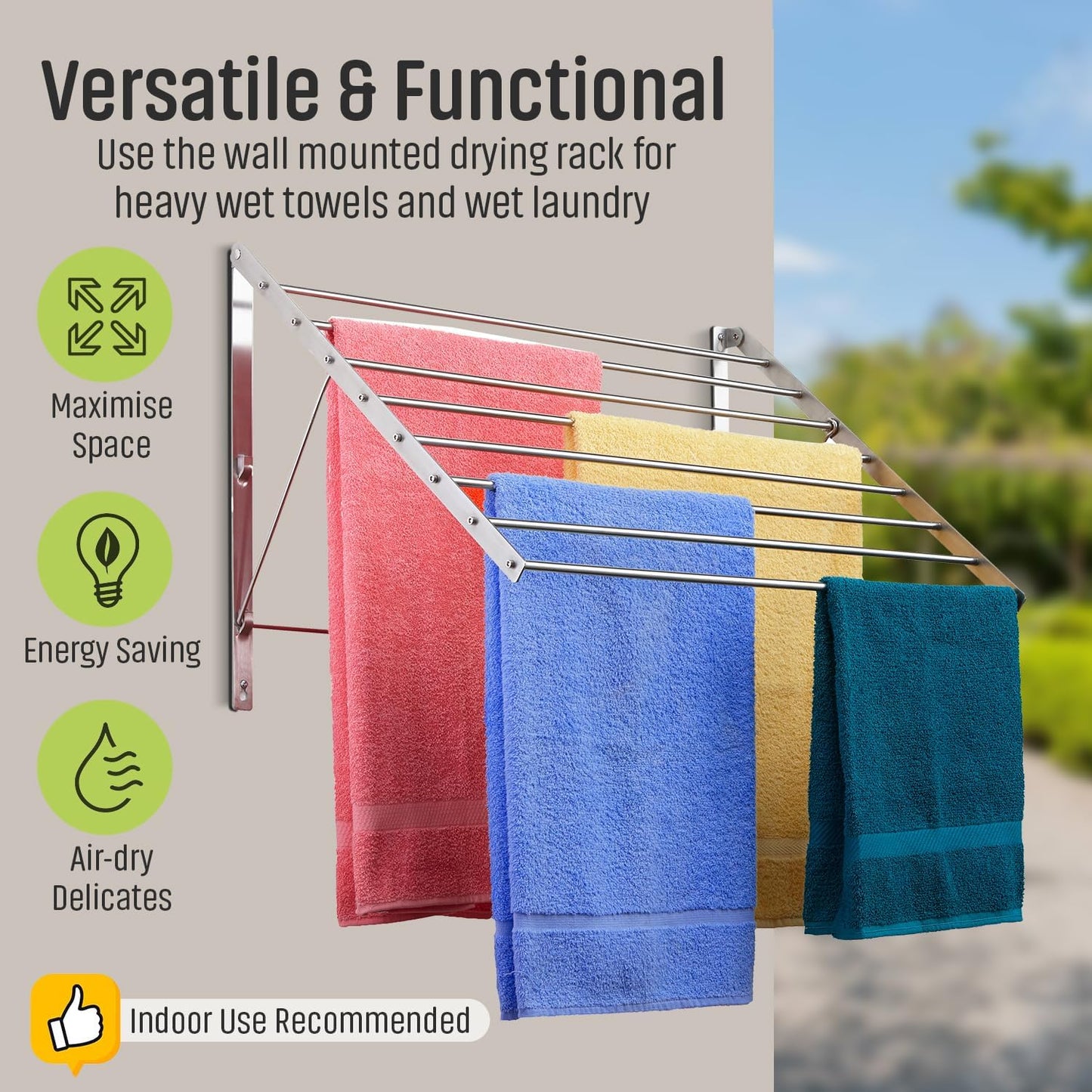 Smartsome | Wall Mounted | Clothes Drying Rack| 22" Wide |15 Linear Feet Capacity | 8 Smooth Round Stainless Steel Rods | 60 lb Capacity | Fully Assembled | Compact Sturdy Space-Saving Design