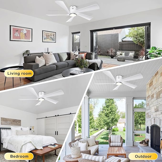 Ohniyou 52” Flush Mount Ceiling Fan with Lights, Remote & APP Control Low Profile Indoor Outdoor Ceiling Fans, Dimmable, Quiet DC Motor, Reversible, White