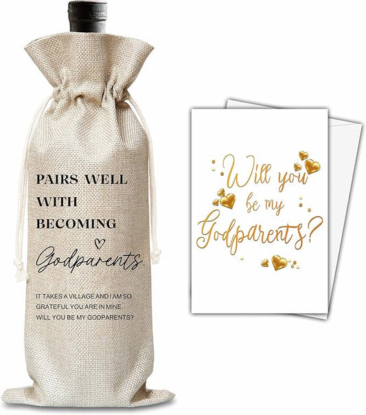Xanev Godparents Wine Gift Bag For Women Man, Godparents Proposal Gifts, Pairs Well With Becoming Godparents Wine Bag, Baptism Gifts For Godmother Godfather, Birthday Wine Party Favors Decor, B07