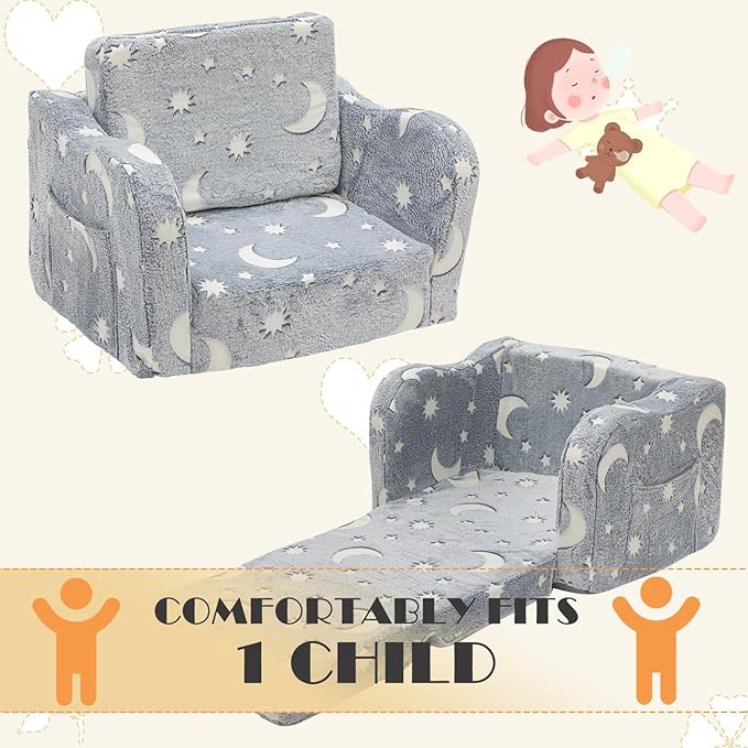 Baby Toddler Baby Sofa Couch for Kids Foldable 2-in-1 Fold Out Couch Bed for Playroom, Pull Out Children Convertible Sofa to Lounger Sleeper Chair for Boys & Girls with Double Pockets - Glowing Grey